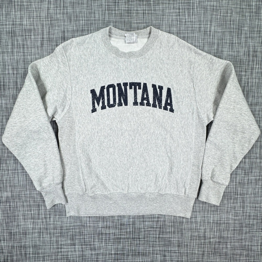 Champion Mens Reverse Weave Montana Spellout Sweatshirt Gray Medium Collegiate